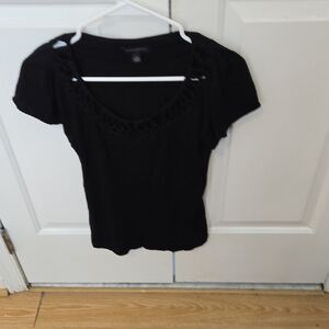 Women’s Black Short Sleeve Scoop Neck Top with Crochet Trim